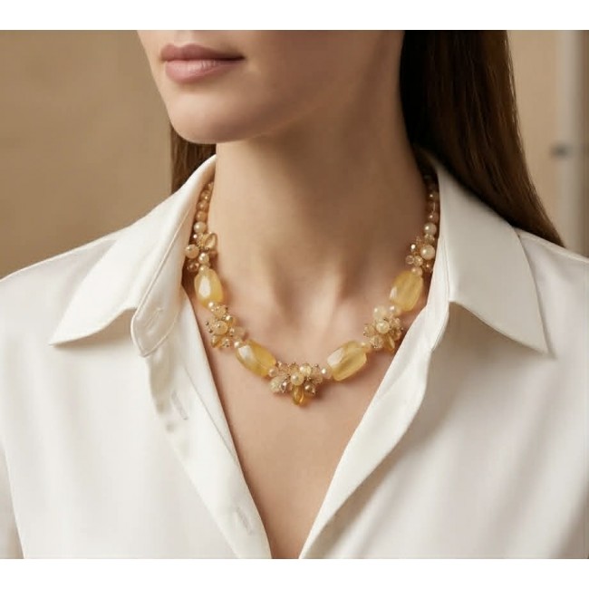 Dazzling vintage natural rough Brazilian Citrine .925 Sterling Silver handcrafted Large necklace - Woman wearing vintage citrine necklace with a white shirt.