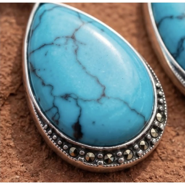 Gephard - Spectacular inkay Turquoise Marcasite .925 Sterling Silver handcrafted Earrings - Stone close-up of Gephard turquoise and marcasite sterling silver jewelry.