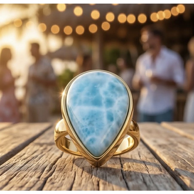 Perfection 14.9 carat Blue Larimar 18K Gold over .925 Sterling Silver handmade ring size 7 adjustable - Close-up of Blue Larimar ring in gold setting on wooden table