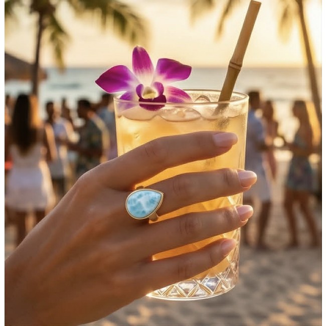 Perfection 14.9 carat Blue Larimar 18K Gold over .925 Sterling Silver handmade ring size 7 adjustable - Blue Larimar ring in 18K gold, worn on hand holding a cocktail on the beach.