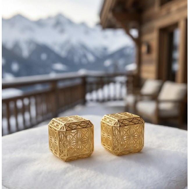 Black Label Collection -golden cubes- Dubai Style - Natural 22K Gold over .925 Sterling Silver handmade earrings - Golden cubes on snow with mountain view; intricate lattice design.