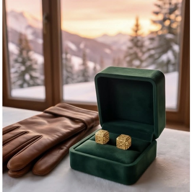 Black Label Collection -golden cubes- Dubai Style - Natural 22K Gold over .925 Sterling Silver handmade earrings - Golden cube cufflinks in open box, with gloves, snowy window view.