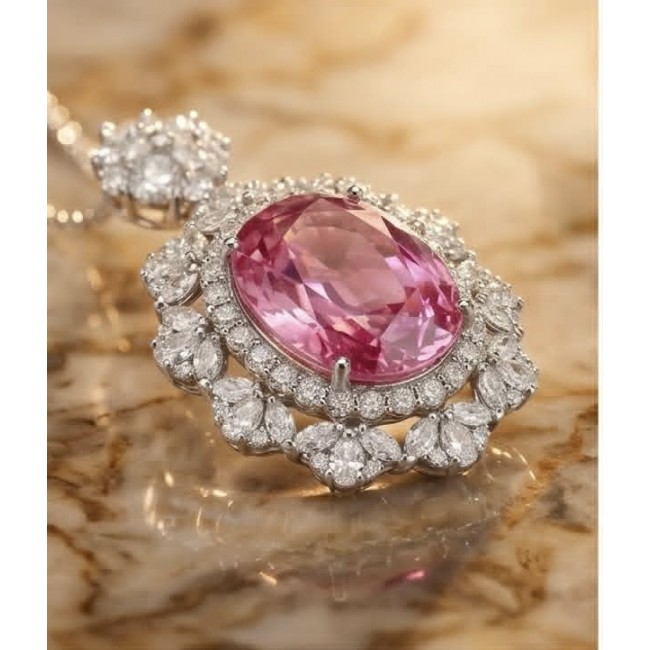 Incredible oval cut 14.8 carat Pink Sapphire .925 Sterling Silver handcrafted pendant - Close-up of 14.8 carat pink sapphire necklace with diamond accents.