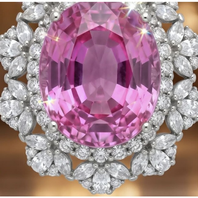 Incredible oval cut 14.8 carat Pink Sapphire .925 Sterling Silver handcrafted pendant - Close-up of 14.8 carat pink sapphire with diamond accents.