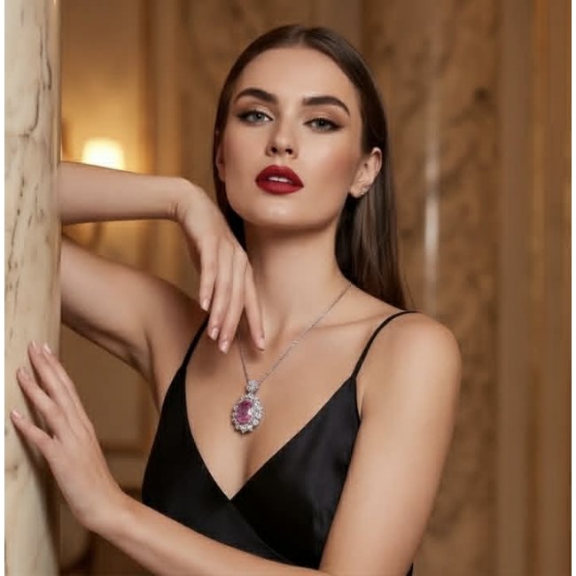Incredible oval cut 14.8 carat Pink Sapphire .925 Sterling Silver handcrafted pendant - Model wearing oval cut 14.8 carat pink sapphire necklace