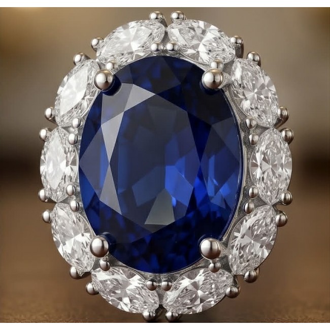 Giovanna - Authentic oval cut 6.8 carat Tanzanite .925 Sterling Silver handcrafted earrings - Close-up of an oval cut Tanzanite ring with diamond halo.