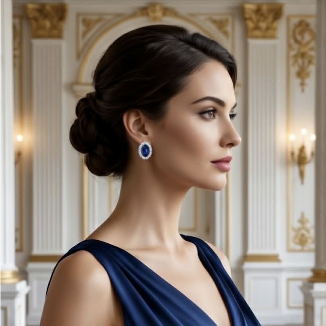 Giovanna - Authentic oval cut 6.8 carat Tanzanite .925 Sterling Silver handcrafted earrings - Side view of woman wearing Giovanna Tanzanite earrings in elegant setting.
