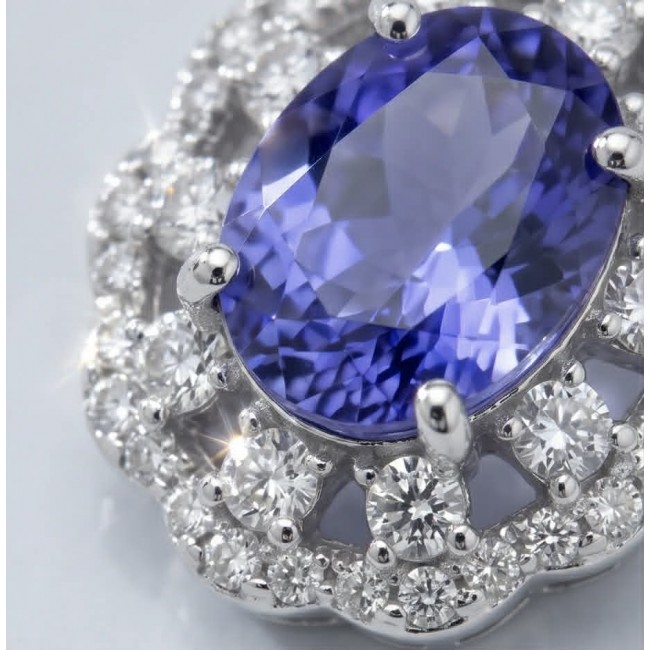 Giovanna - Authentic oval cut 6.8 carat Tanzanite .925 Sterling Silver handcrafted Necklace - Stone close-up of oval 6.8 carat Tanzanite with diamond halo.