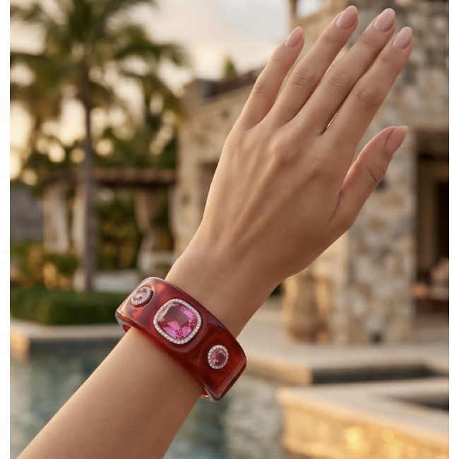 Candy Store - Modern Design Natural Red Raisin Pink Topaz .925 Sterling Silver bracelet - Bracelet worn on wrist showcasing red resin and pink topaz stones.