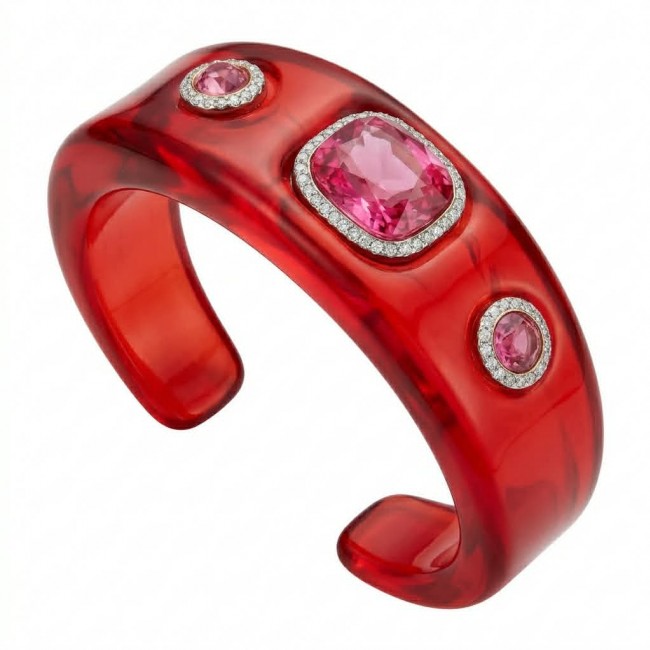 Candy Store - Modern Design Natural Red Raisin Pink Topaz .925 Sterling Silver bracelet - Red resin bangle with pink topaz stones, side view.