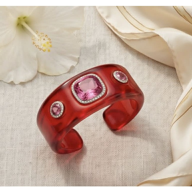 Candy Store - Modern Design Natural Red Raisin Pink Topaz .925 Sterling Silver bracelet - Red resin cuff with pink topaz, top view, with flower accent.