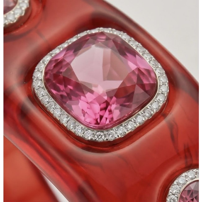 Candy Store - Modern Design Natural Red Raisin Pink Topaz .925 Sterling Silver bracelet - Close-up of pink topaz and diamonds on red jewelry.