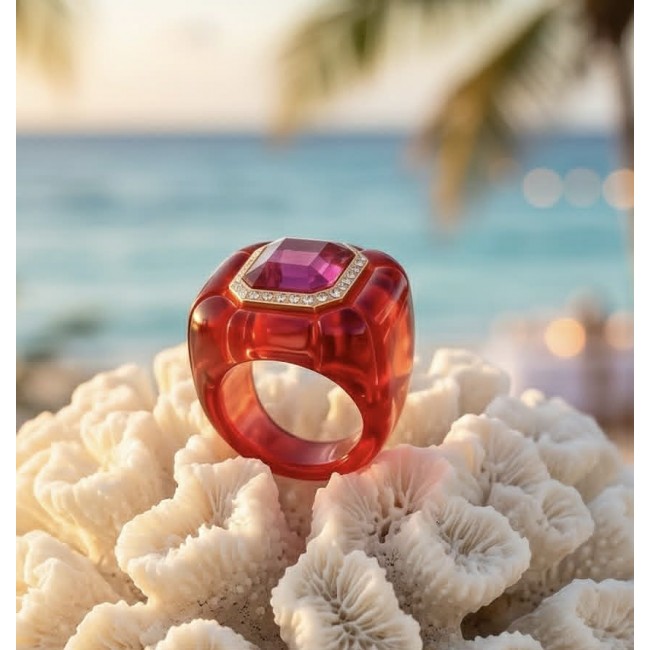 Candy Store - Modern Design Natural Red Raisin Pink Topaz .925 Sterling Silver ring size 8 - Candy Store ring on coral, side view, red resin with pink topaz centerpiece.