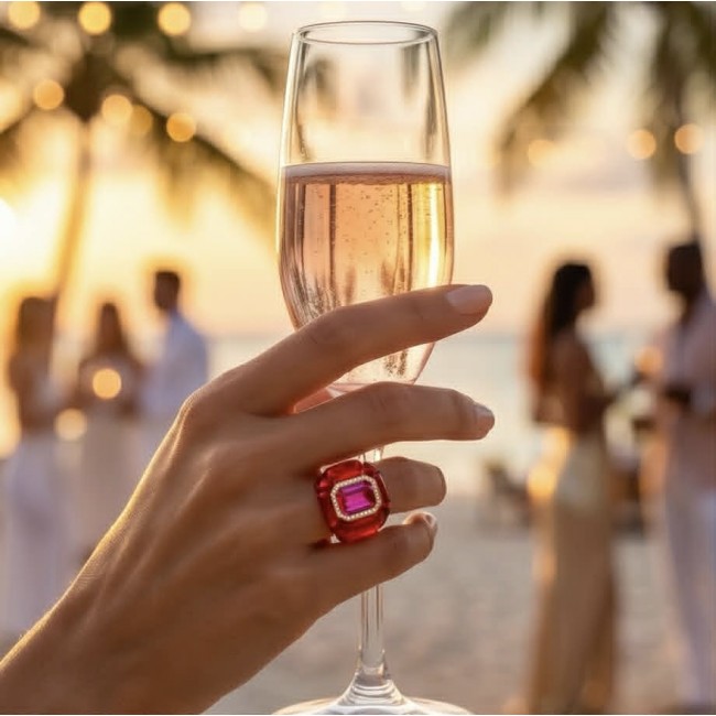 Candy Store - Modern Design Natural Red Raisin Pink Topaz .925 Sterling Silver ring size 8 - Red Raisin Pink Topaz ring worn, with champagne glass on beach background.