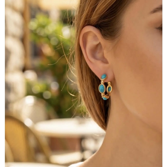 Great quality - authentic Dragon's Skin Turquoise 18K Gold over .925 Sterling Silver handcrafted Earrings - Earring with Dragon's Skin Turquoise in 18K Gold, close-up on ear.