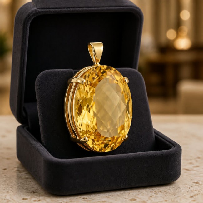 Tiffany - amazing quality 22.7 CARAT genuine Brazilain Citrine 22K Gold over .925 Sterling Silver handmade pendant - Close-up of a 22.7 carat Brazilian citrine pendant in a black box.