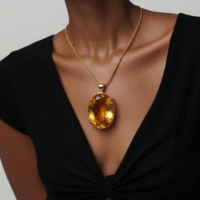 Tiffany - amazing quality 22.7 CARAT genuine Brazilain Citrine 22K Gold over .925 Sterling Silver handmade pendant - Necklace with 22.7 carat Brazilian Citrine worn on model.