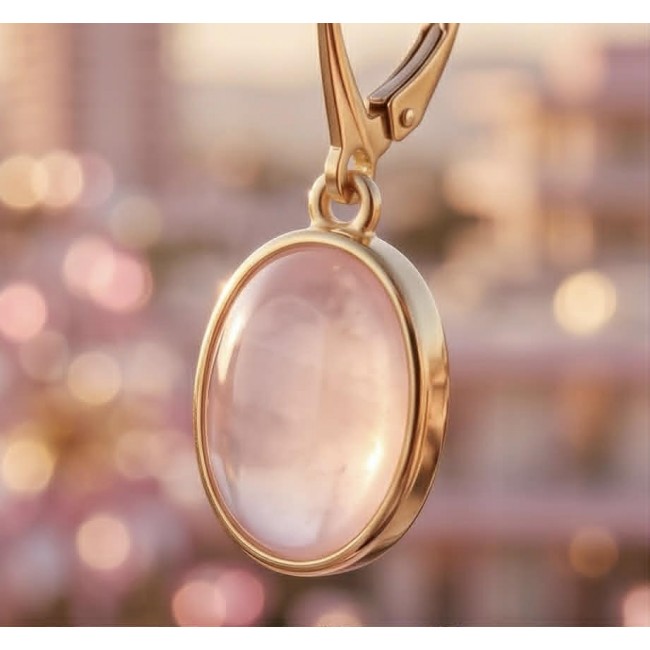Authentic 10.2 carat Rose Quartz 18K Gold over .925 Silver handcrafted Statement earrings - Close-up of 10.2 carat rose quartz pendant in 18K gold over silver.