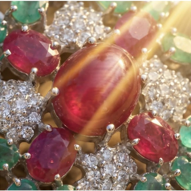 Giovanna- Victorian style - 29.5 carat Authentic Star Ruby .925 Sterling Silver handcrafted Pendant Brooch - Close-up of Victorian-style jewelry with star ruby and diamonds.