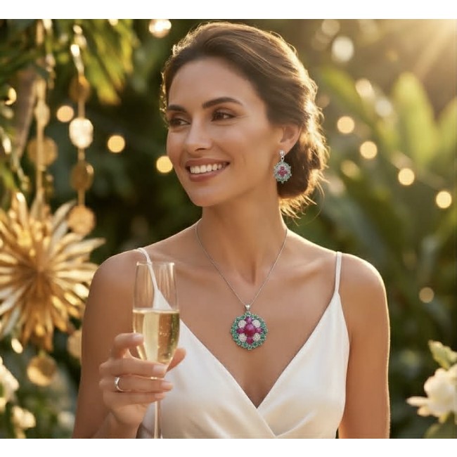 Giovanna- Victorian style - 29.5 carat Authentic Star Ruby .925 Sterling Silver handcrafted Pendant Brooch - Woman wearing Giovanna Star Ruby jewelry set at an outdoor event.
