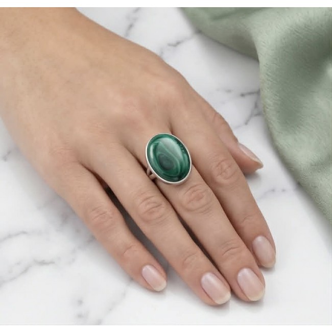 Green Passion 26.2 CARAT genuine Malachite from Utah .925 Sterling Silver handcrafted ring size 8 adjustable - Oval malachite ring worn on hand, top view.
