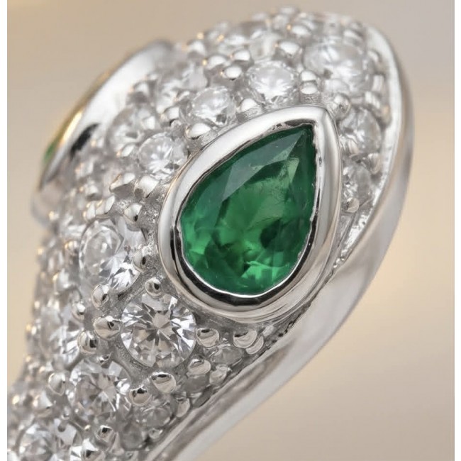 Cobra SNAKE Emerald White Sapphire Snakes 0.5 carat Emerald .925 Sterling Silver earrings - Emerald and white sapphire cobra ring close-up.