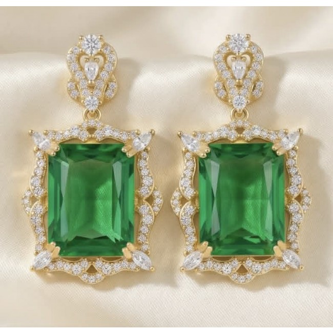 Magnificent Jewel 12.5 carat Emerald 14K Gold over .925 Sterling Silver handcrafted earrings - Emerald and diamond earrings front view, 14K gold setting