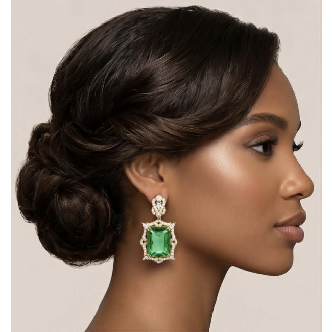 Magnificent Jewel 12.5 carat Emerald 14K Gold over .925 Sterling Silver handcrafted earrings - Side view of elegant emerald earrings worn on model.