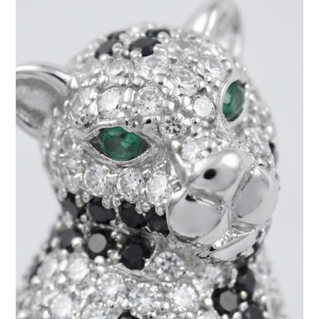 Precious Cheetah authentic 38.5 carat Emerald .925 Sterling Silver Handcrafted pendant brooch - Close-up of jeweled cheetah with emerald eyes and diamond accents.