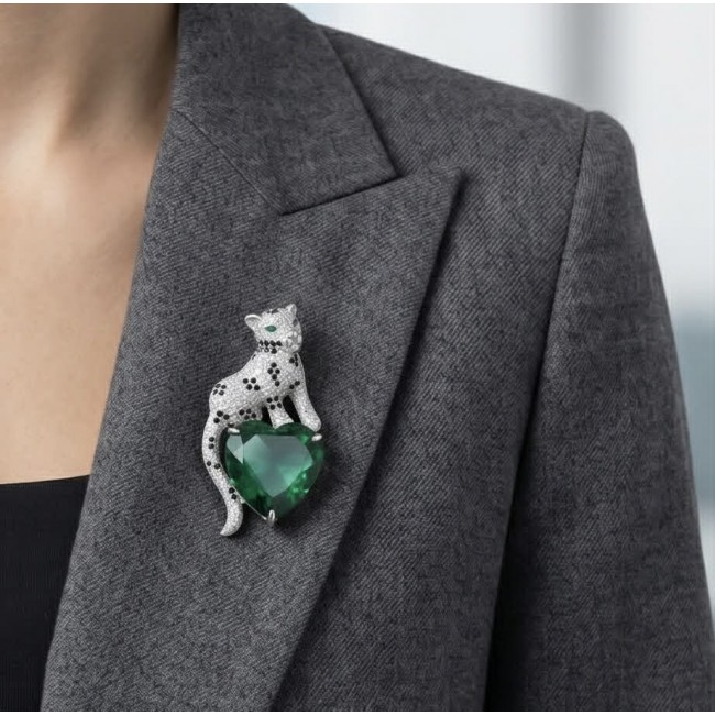 Precious Cheetah authentic 38.5 carat Emerald .925 Sterling Silver Handcrafted pendant brooch - Cheetah brooch with emerald heart, worn on grey suit jacket