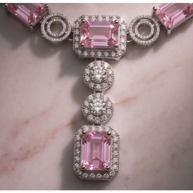 Isabella - Rare Light Pastel 17.9 carat Kunzite .925 Sterling Silver handcrafted Statement Necklace - Close-up of Isabella necklace with pink kunzite and diamonds.
