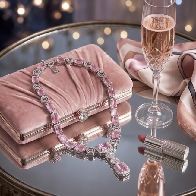 Isabella - Rare Light Pastel 17.9 carat Kunzite .925 Sterling Silver handcrafted Statement Necklace - Elegant pink kunzite necklace on pink clutch with lipstick and champagne.