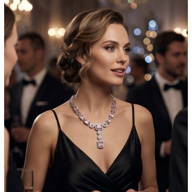 Isabella - Rare Light Pastel 17.9 carat Kunzite .925 Sterling Silver handcrafted Statement Necklace - Woman wearing Isabella 17.9 carat Kunzite necklace at an elegant event.