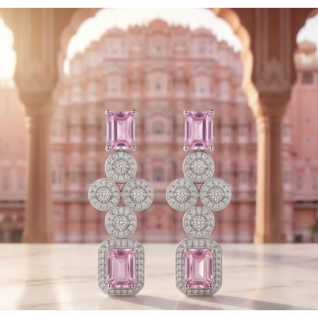 Isabella - Rare Light Pastel 9.9 carat Kunzite .925 Sterling Silver handcrafted Statement earrings - Front view of pink kunzite and sterling silver earrings with diamond accents.