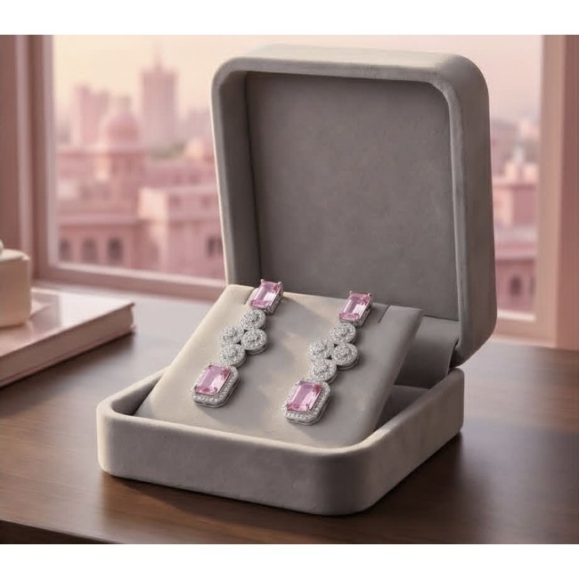 Isabella - Rare Light Pastel 9.9 carat Kunzite .925 Sterling Silver handcrafted Statement earrings - Front view of Isabella earrings with pink kunzite in open box