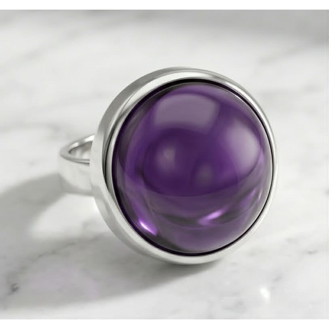 Purple Royalty 20.5 carat Amethyst .925 Sterling Silver Handcrafted Ring size 7 adjustable - Amethyst silver ring stone close-up on marble background.
