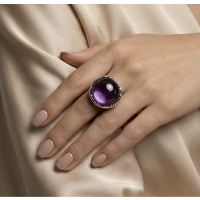 Purple Royalty 20.5 carat Amethyst .925 Sterling Silver Handcrafted Ring size 7 adjustable - Amethyst ring on hand, angled view showing stone and setting details