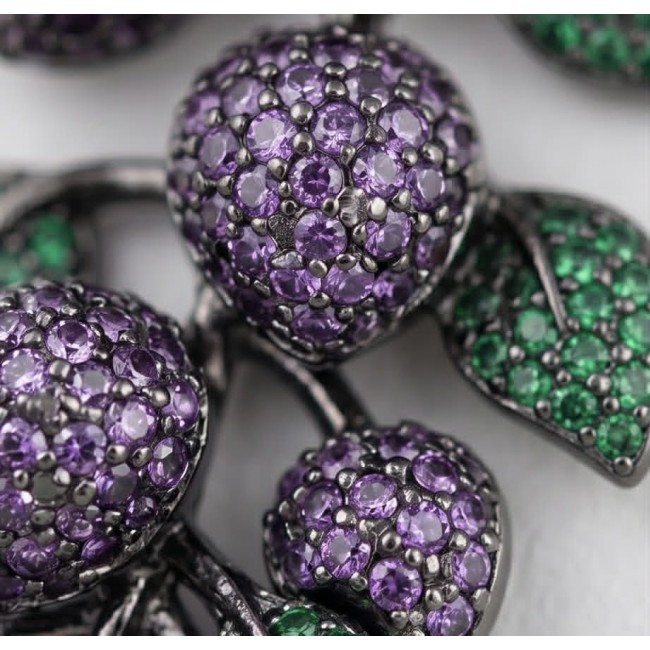 Summer Garden authentic 24.2 carat Amethyst Chrome Diopside .925 Sterling Silver dipped in black rhodium handcrafted earrings - Close-up of amethyst and chrome diopside jewelry detail.