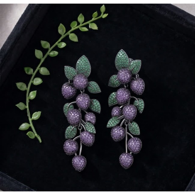 Summer Garden authentic 24.2 carat Amethyst Chrome Diopside .925 Sterling Silver dipped in black rhodium handcrafted earrings - Earrings with amethyst and diopside, front view in black box.
