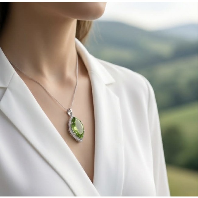 Royalty 9.9 carat authentic Himalayan Peridot .925 Sterling Silver Handcrafted Statement pendant - Peridot pendant on model with white blouse against scenic backdrop.