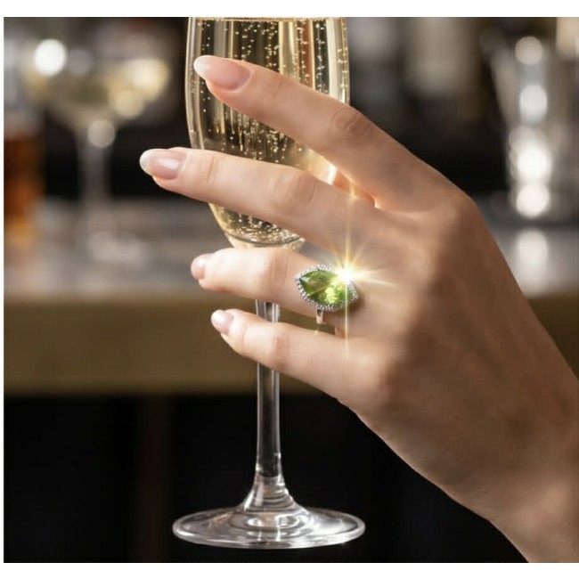 Royalty 9.9 carat authentic Himalayan Peridot .925 Sterling Silver Handcrafted Statement Ring size 7 - Himalayan Peridot ring worn on hand holding a champagne glass.