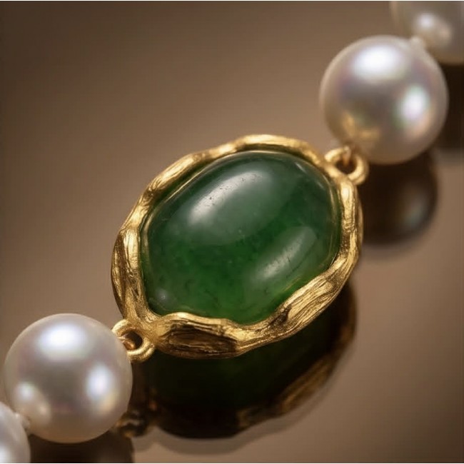 Incredible 48 inches long Freshwater Pearl 10K Gold over .925 Sterling Silver handmade Necklace - Stone close-up of jade and pearl necklace with gold setting.