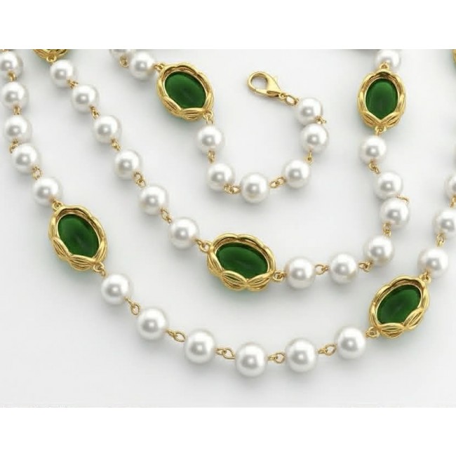 Incredible 48 inches long Freshwater Pearl 10K Gold over .925 Sterling Silver handmade Necklace - Freshwater pearl necklace with gold and green stones, clasp detail shown.