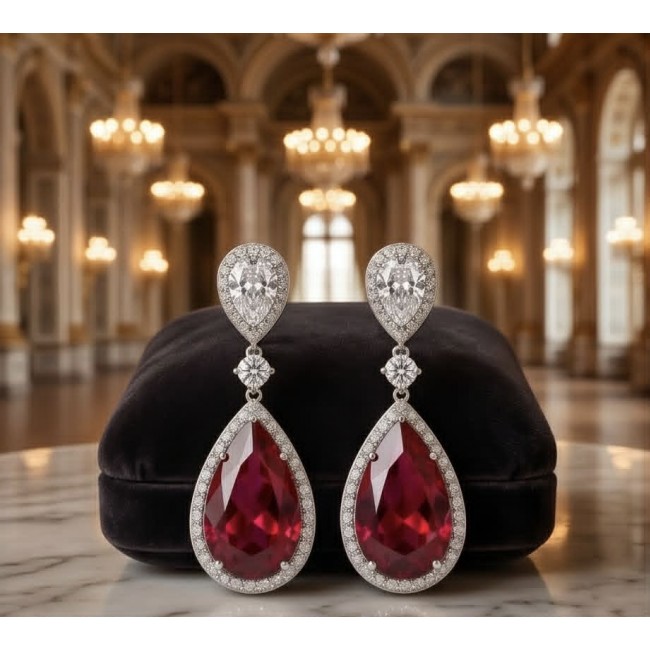 Giovanna Natural 20.2 carat Red Topaz .925 Sterling Silver handcrafted Statement earrings - Giovanna red topaz earrings front view on black velvet background