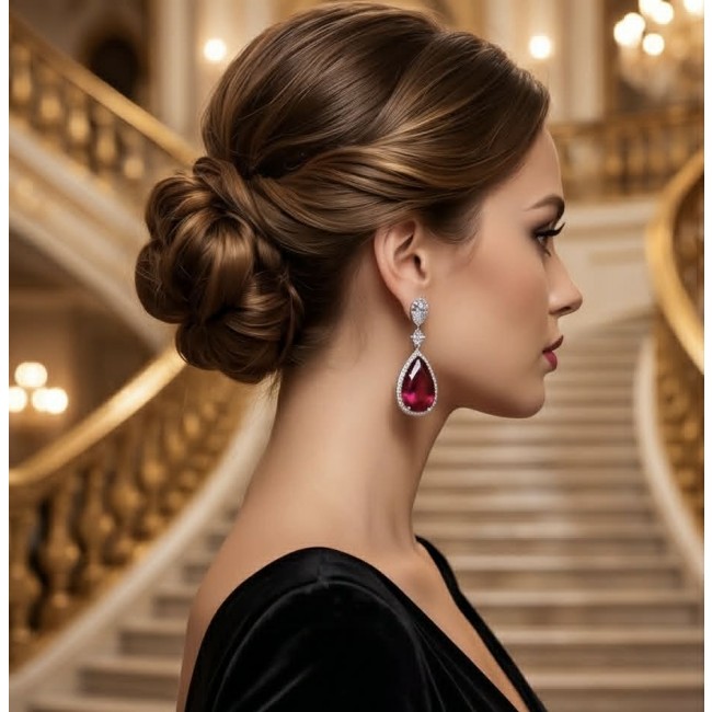 Giovanna Natural 20.2 carat Red Topaz .925 Sterling Silver handcrafted Statement earrings - Side view of woman wearing Giovanna 20.2 ct Red Topaz earrings.