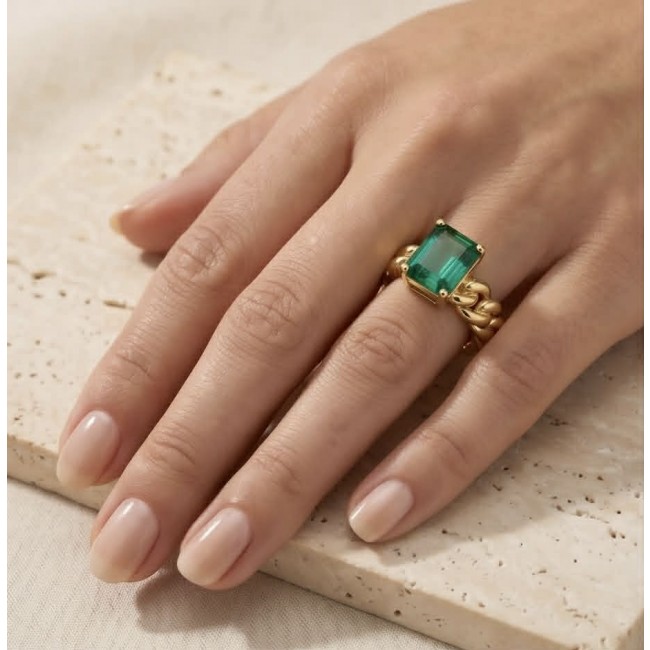 4.9 carat natural Colombian Emerald .925 Sterling Silver handmade Statement Ring size 7 - 4.9 carat Colombian emerald ring worn on hand, gold band detail.