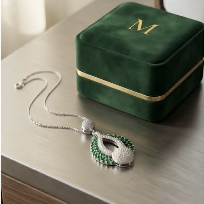 Heirloom Genuine 8.5 carat Emerald .925 Sterling Silver dipped in rhodium handmade Pendant - Emerald and silver necklace with green box, top view