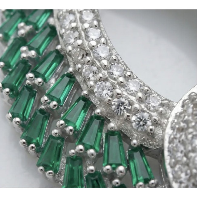 Heirloom Genuine 8.5 carat Emerald .925 Sterling Silver dipped in rhodium handmade Pendant - Emerald and diamond stone close-up on sterling silver jewelry piece.