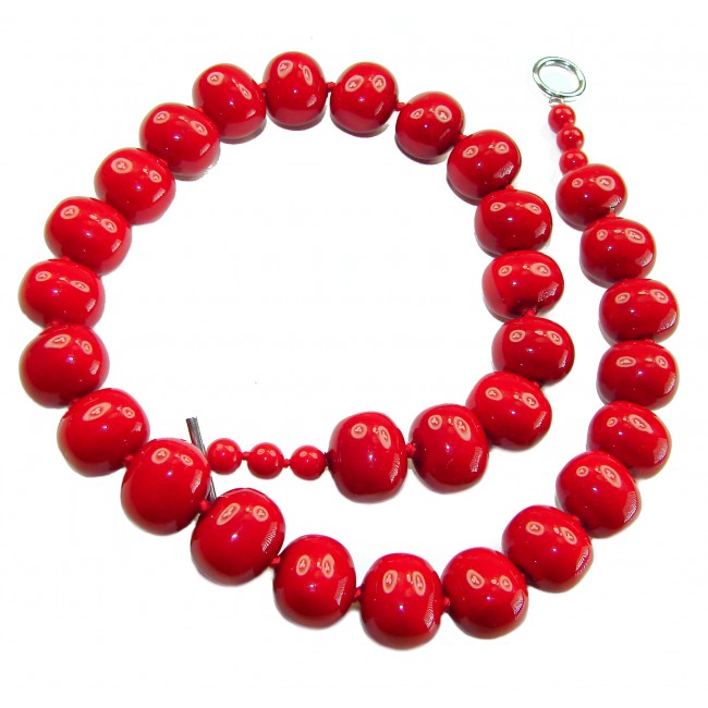 Konstancia Sublime natural Red Fossilized Coral Sterling Silver handmade Necklace - Red Fossilized Coral Necklace, top view showing bead details.