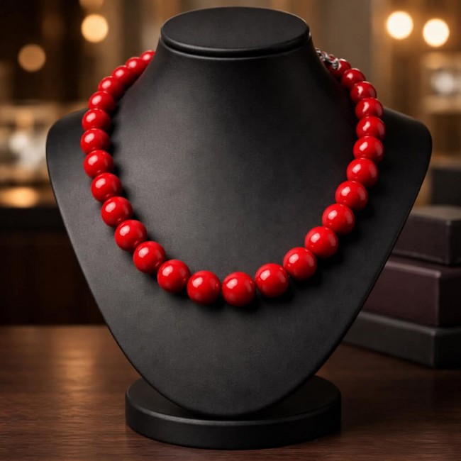 Konstancia Sublime natural Red Fossilized Coral Sterling Silver handmade Necklace - Red coral necklace front view on black display bust.